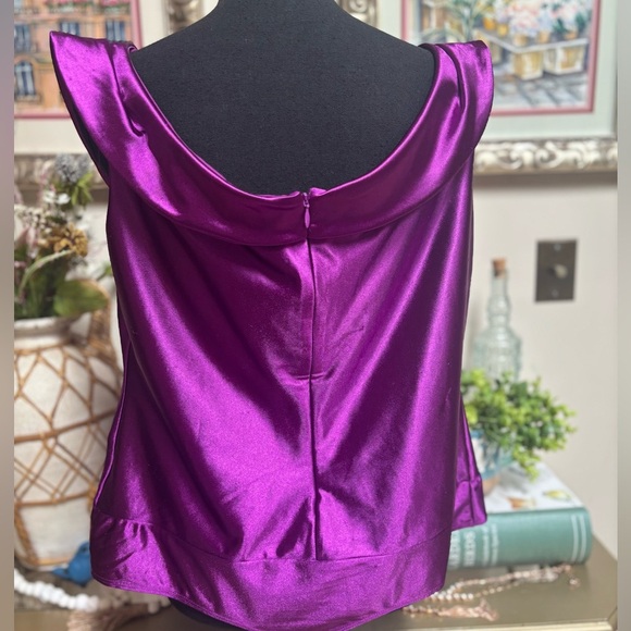 EXPRESS Bodysuit Vibrant Purple Metallic Glam Off The Shoulder Satin Thong Sz XL - Picture 4 of 10